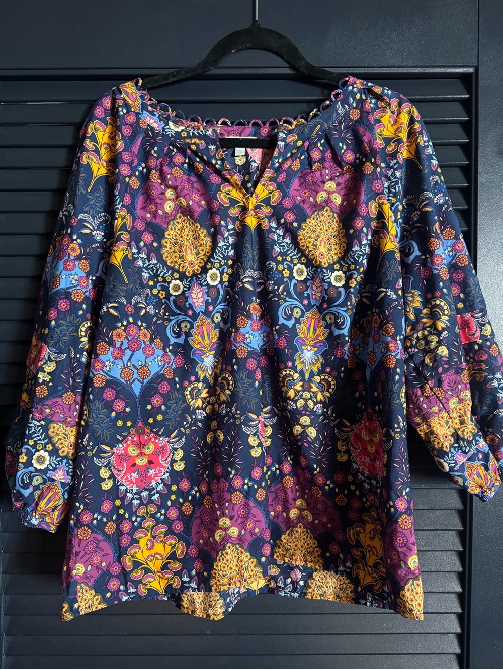Talbots Navy Multicolor Floral Cotton Tunic Blouse L